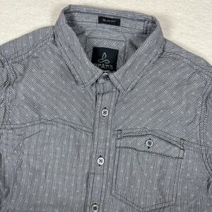 PrAna Shirt Mens Small Gray Slim Fit Short Sleeve Button Front Pattern Geometric